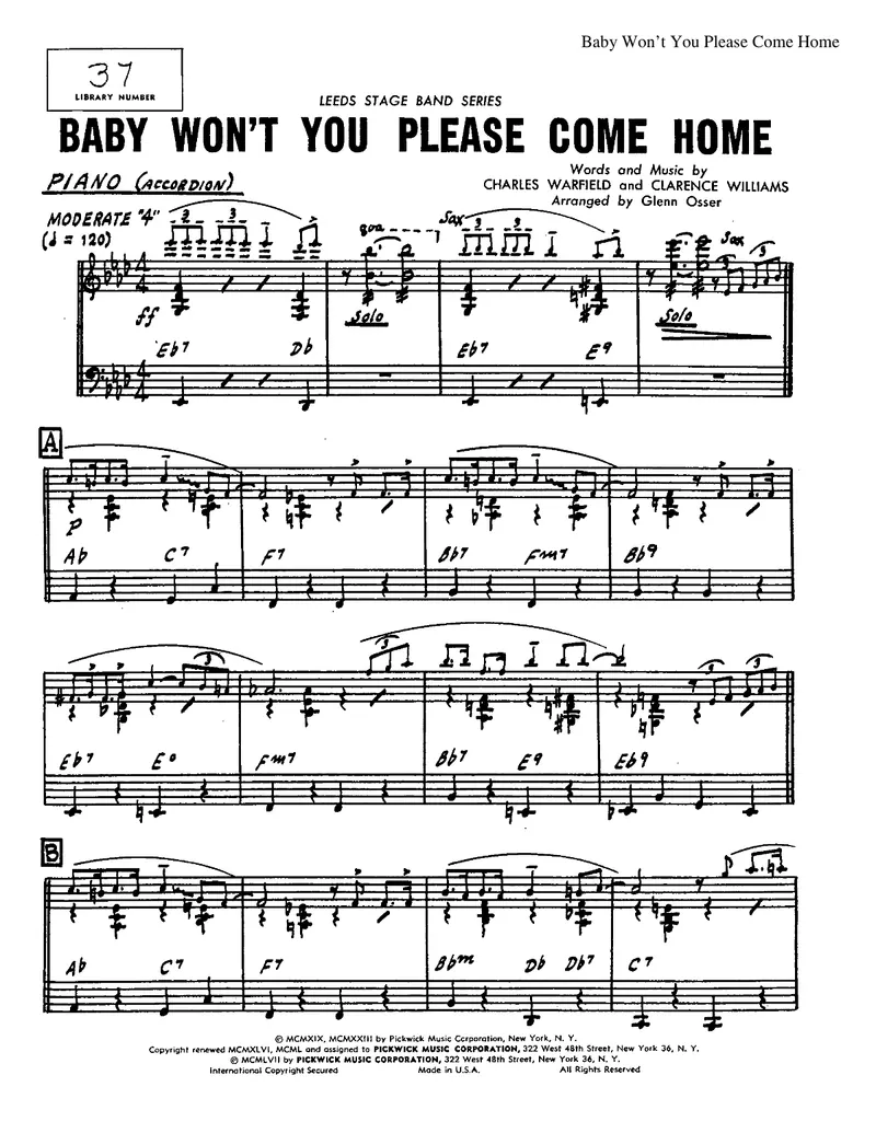 Baby Won't You Please Come Home score preview