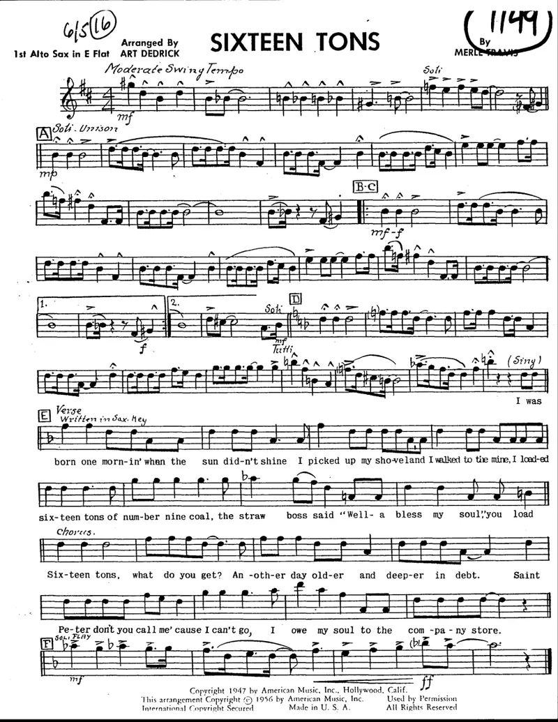 Sixteen Tons score preview