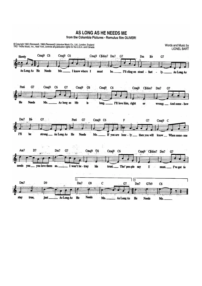 As Long As He Needs Me score preview