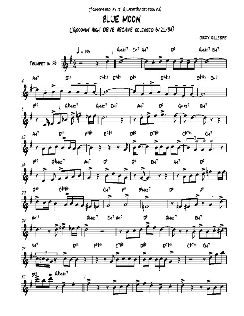 Blue Moon (Dizzy Gillespie) solo trp. score preview