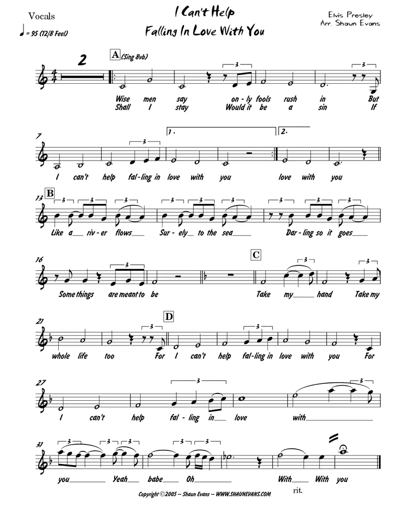 Can't Help Falling In Love score preview