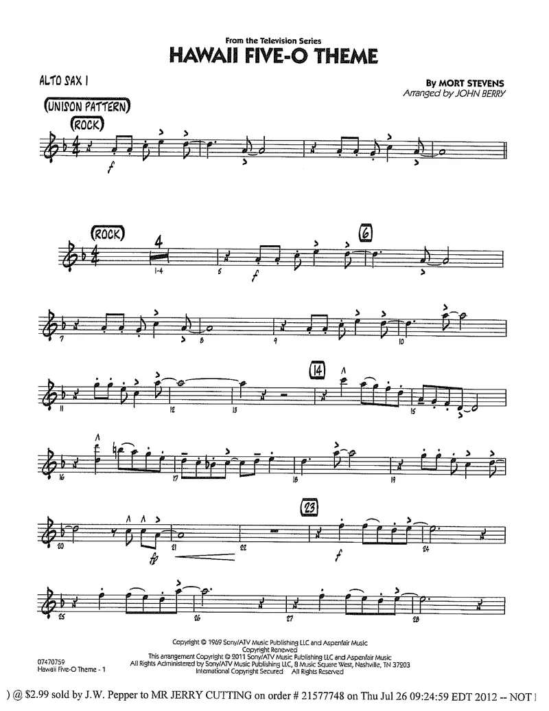 Hawaii Five-O Theme score preview