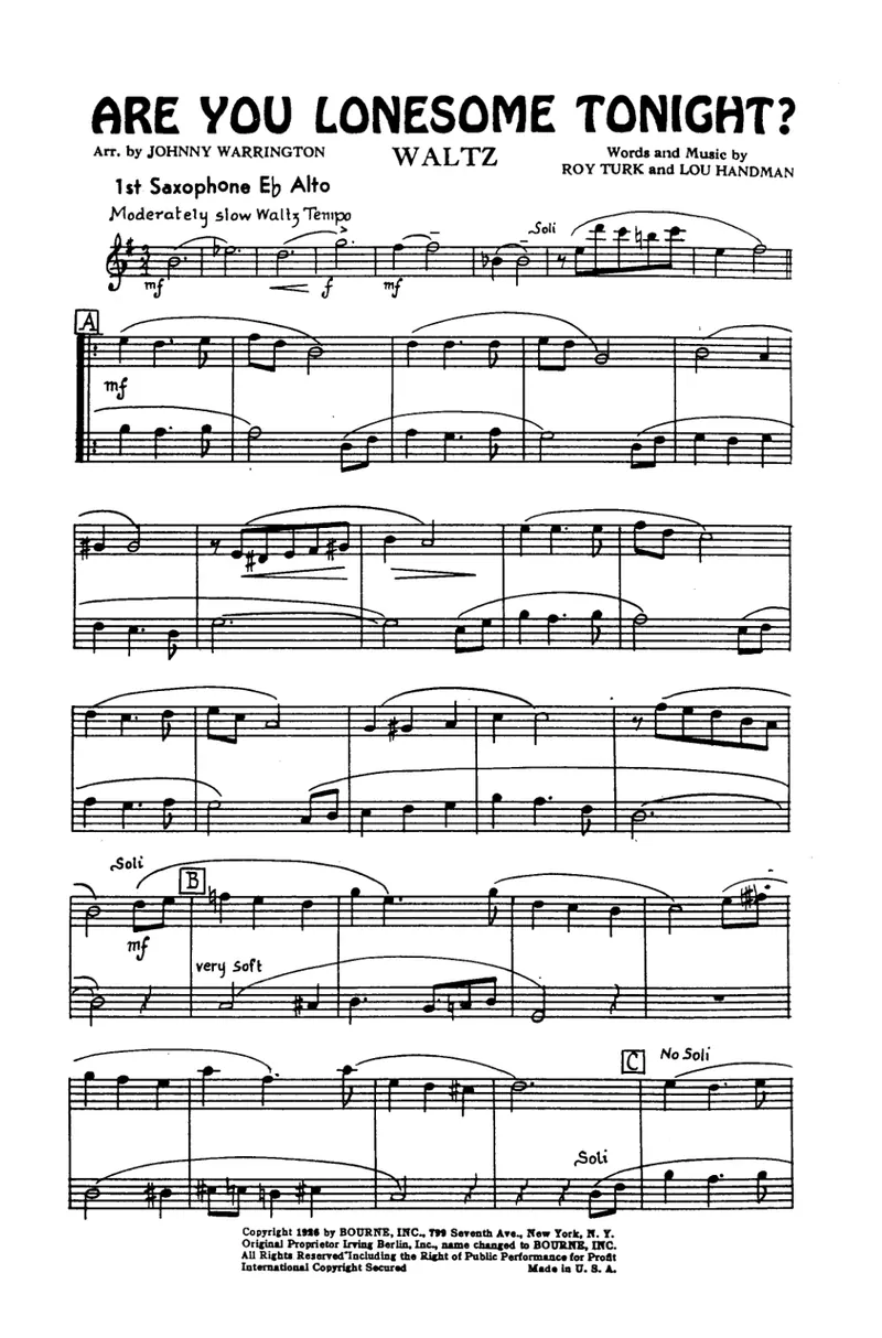 Are You Lonesome Tonight score preview