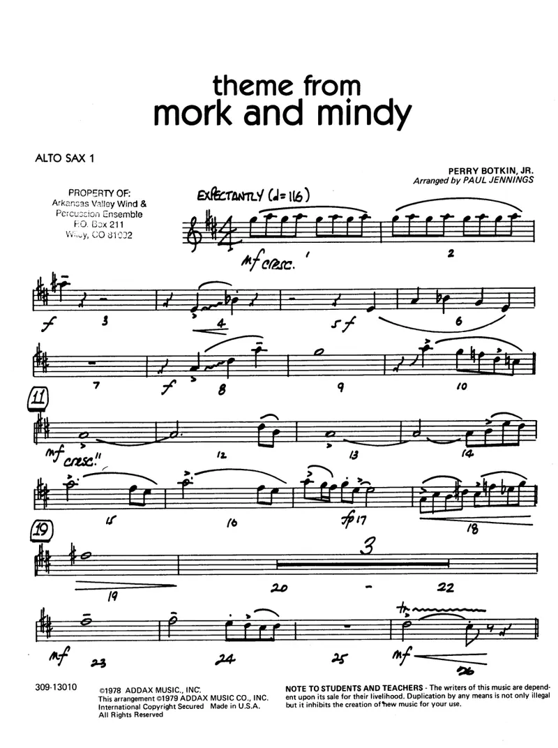 Theme From Mork And Mindy score preview