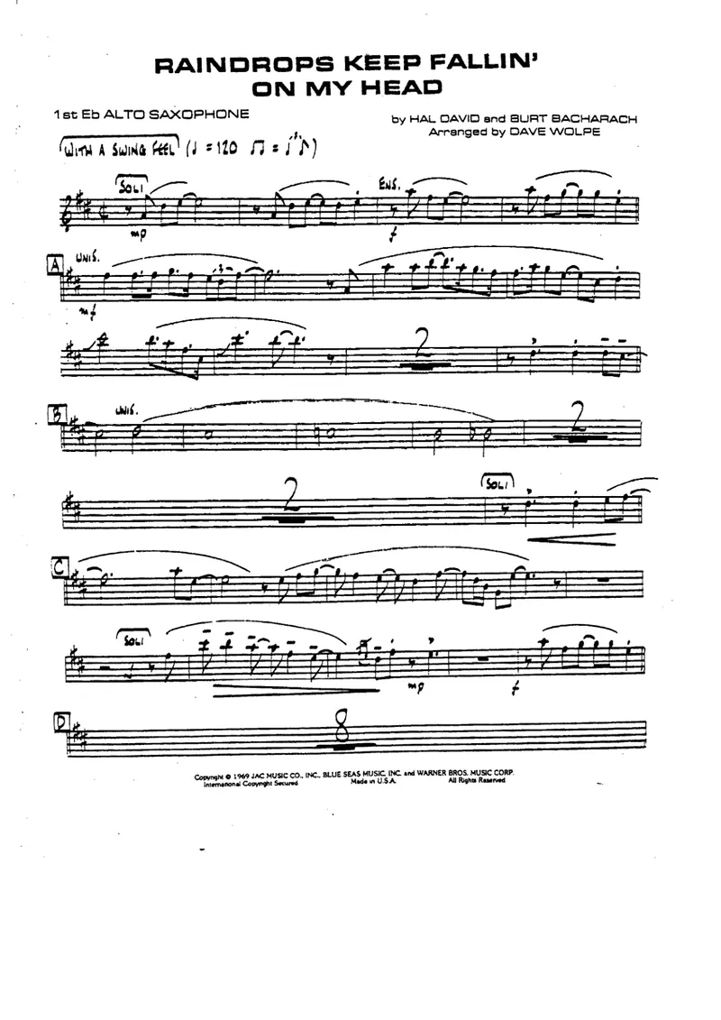 Raindrops Keep Falling On My Head score preview