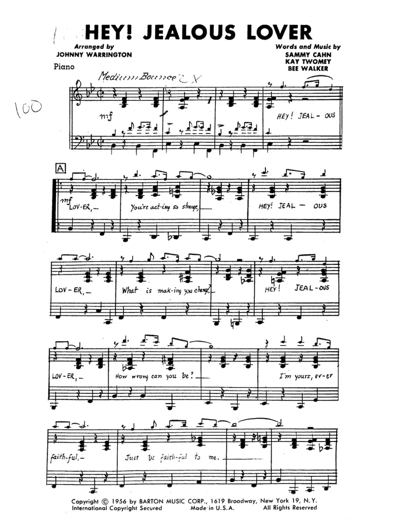 Hey Jealous Lover score preview