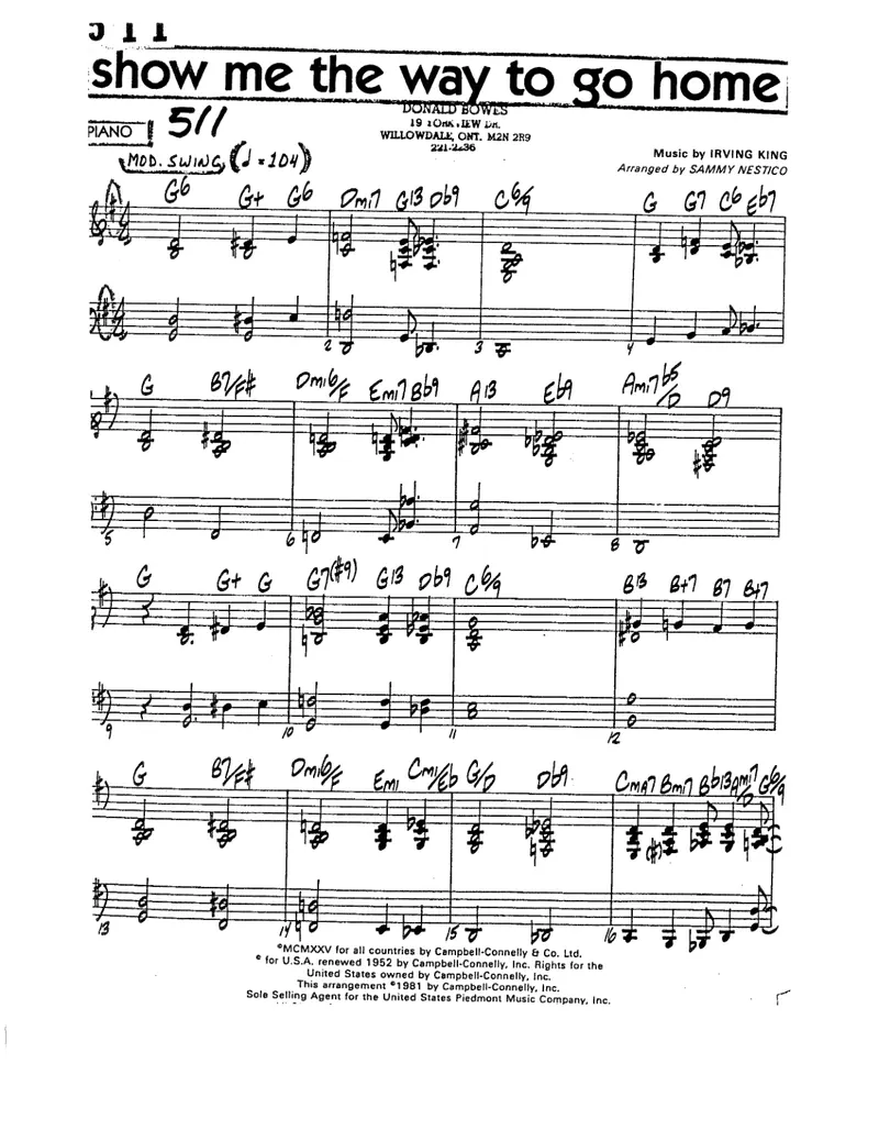 Show Me The Way To Go Home score preview