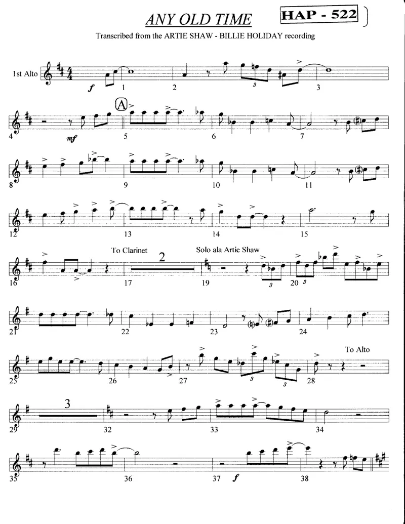 Any Old Time (Artie Shaw -B.Holiday) Vocal score preview