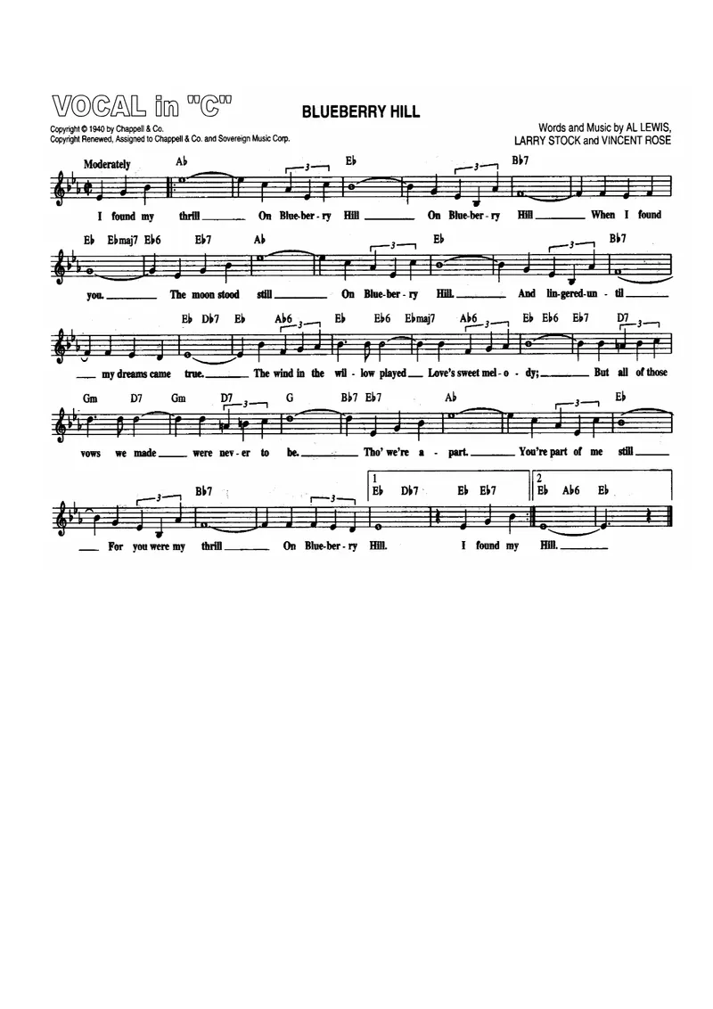 Blueberry Hill -Male Vocal score preview