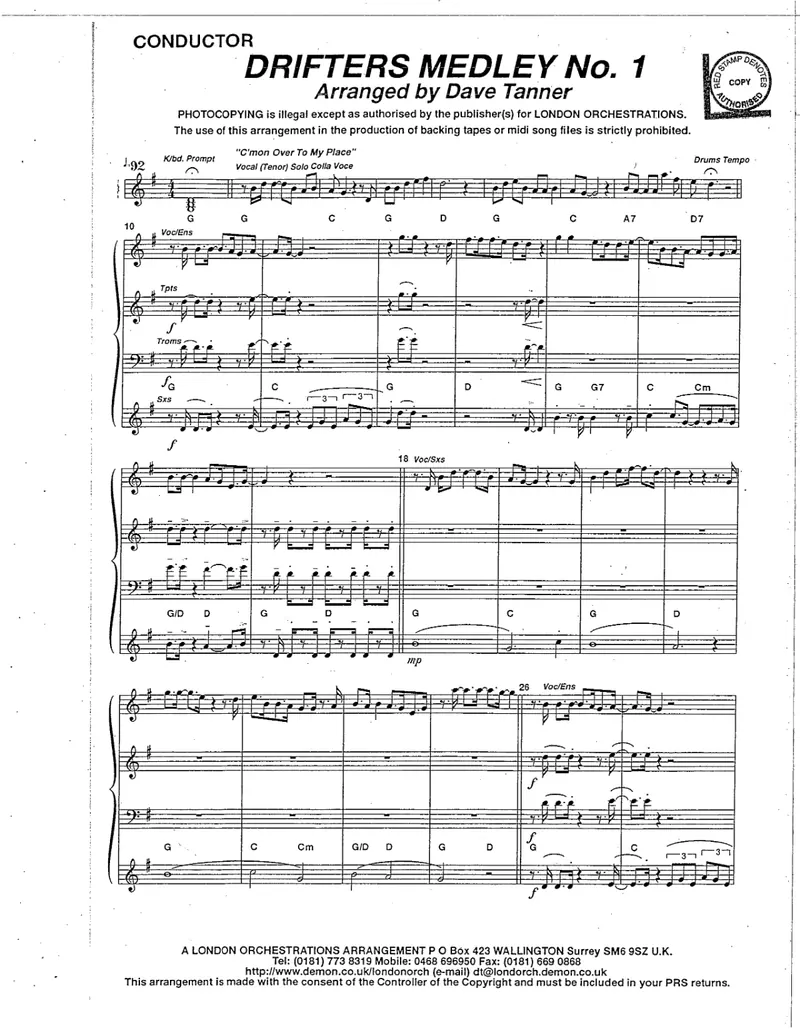 Drifters Medley No. 1 (Vocal in G to Ab To A To F) score preview