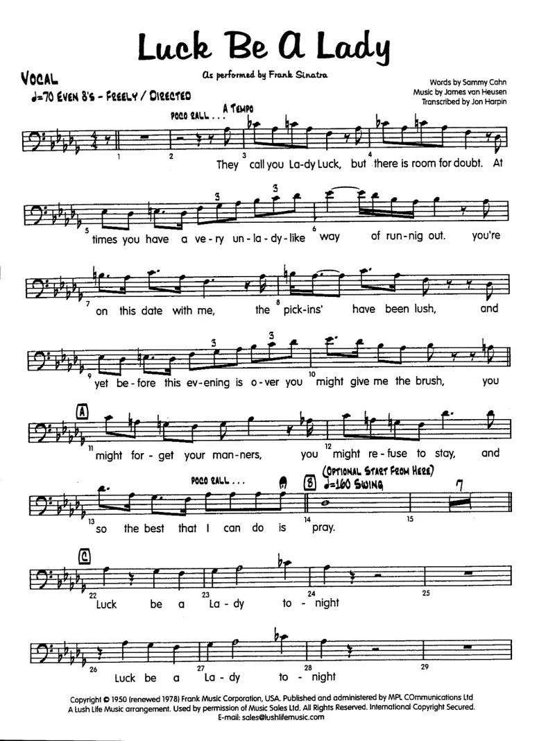 Luck Be A Lady score preview
