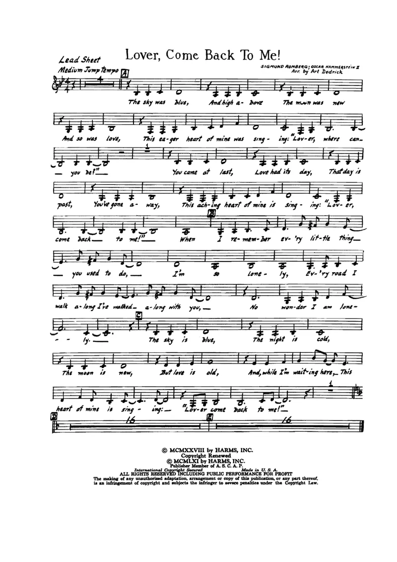 Lover Come Back To Me score preview