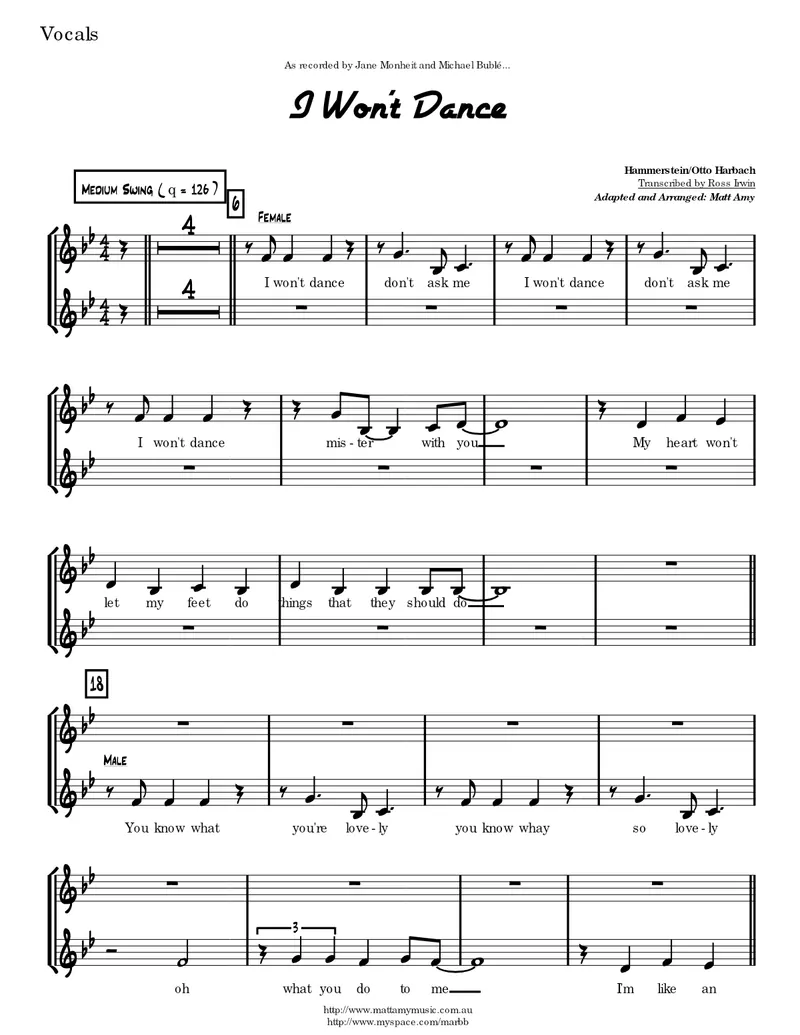 I Won't Dance score preview