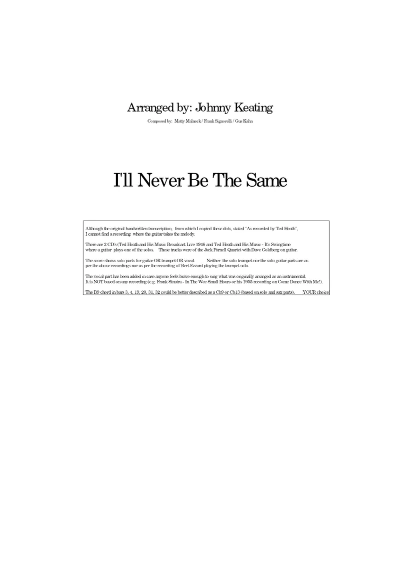 I'll Never Be The Same score preview