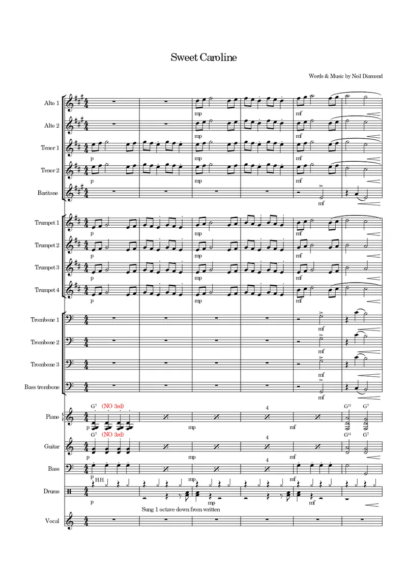 Sweet Caroline score preview