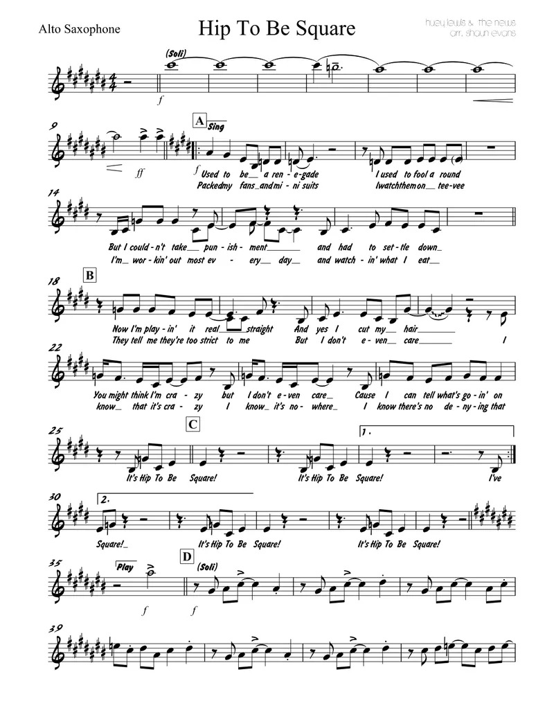 Hip To Be Square - 3 horns + Rhythm score preview