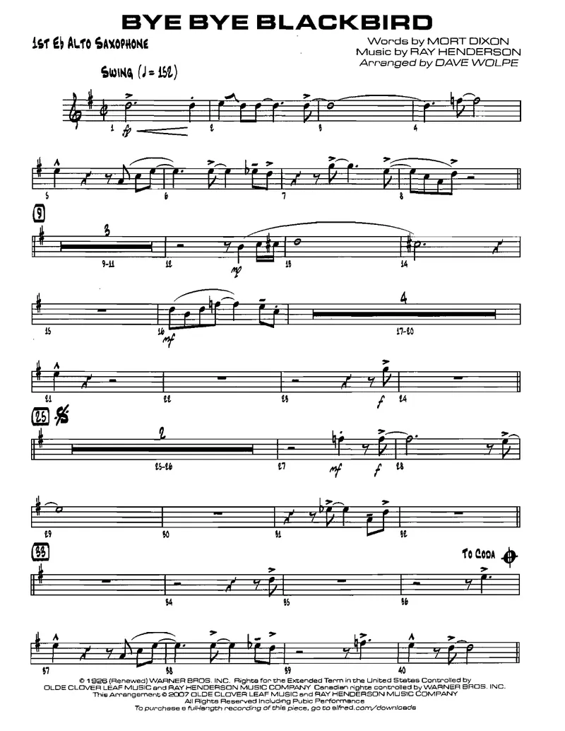 Bye Bye Blackbird score preview