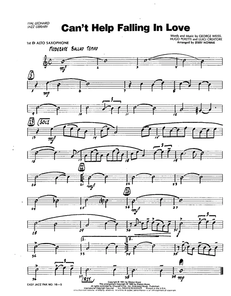 Can't Help Falling In Love score preview