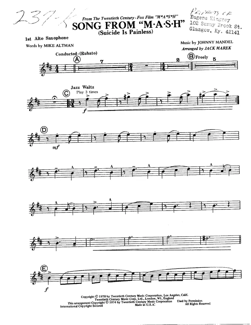 Song From Mash score preview