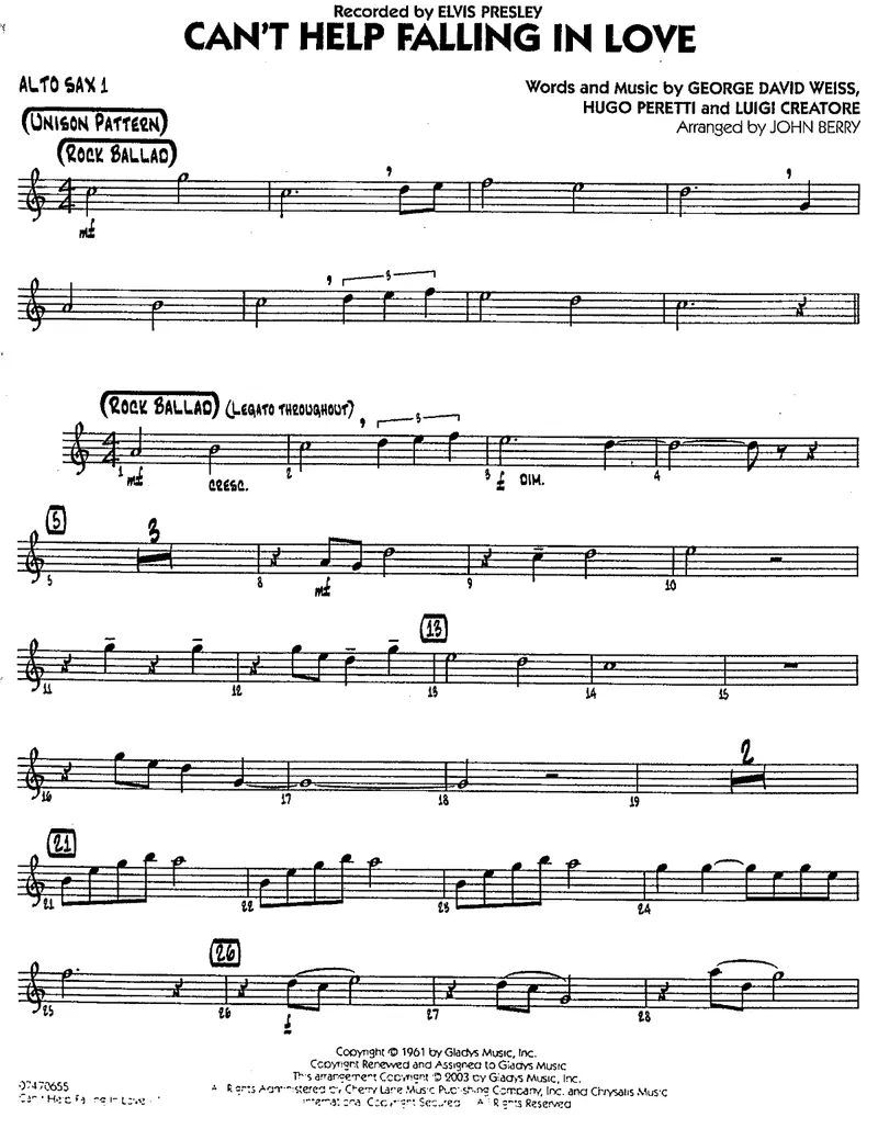 Can't Help Falling In Love score preview