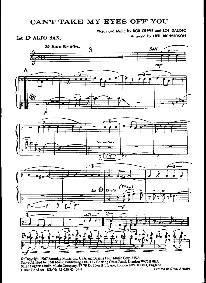 Can't Take My Eyes Off You score preview