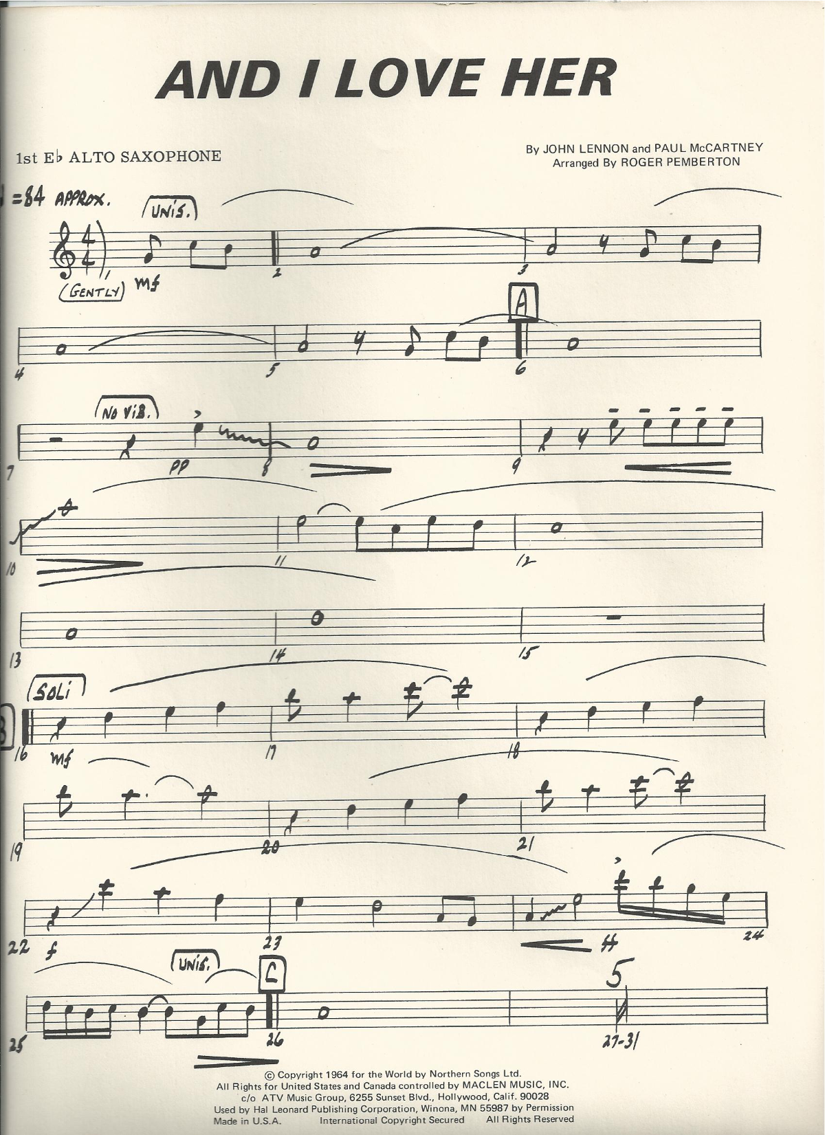 And I Love Her score preview