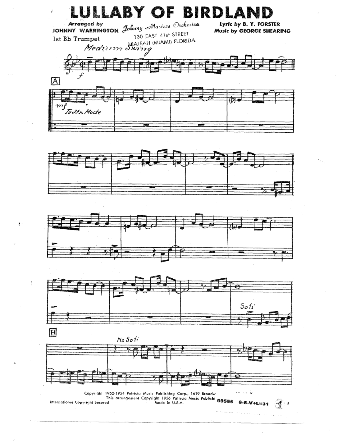 Lullaby Of Birdland score preview