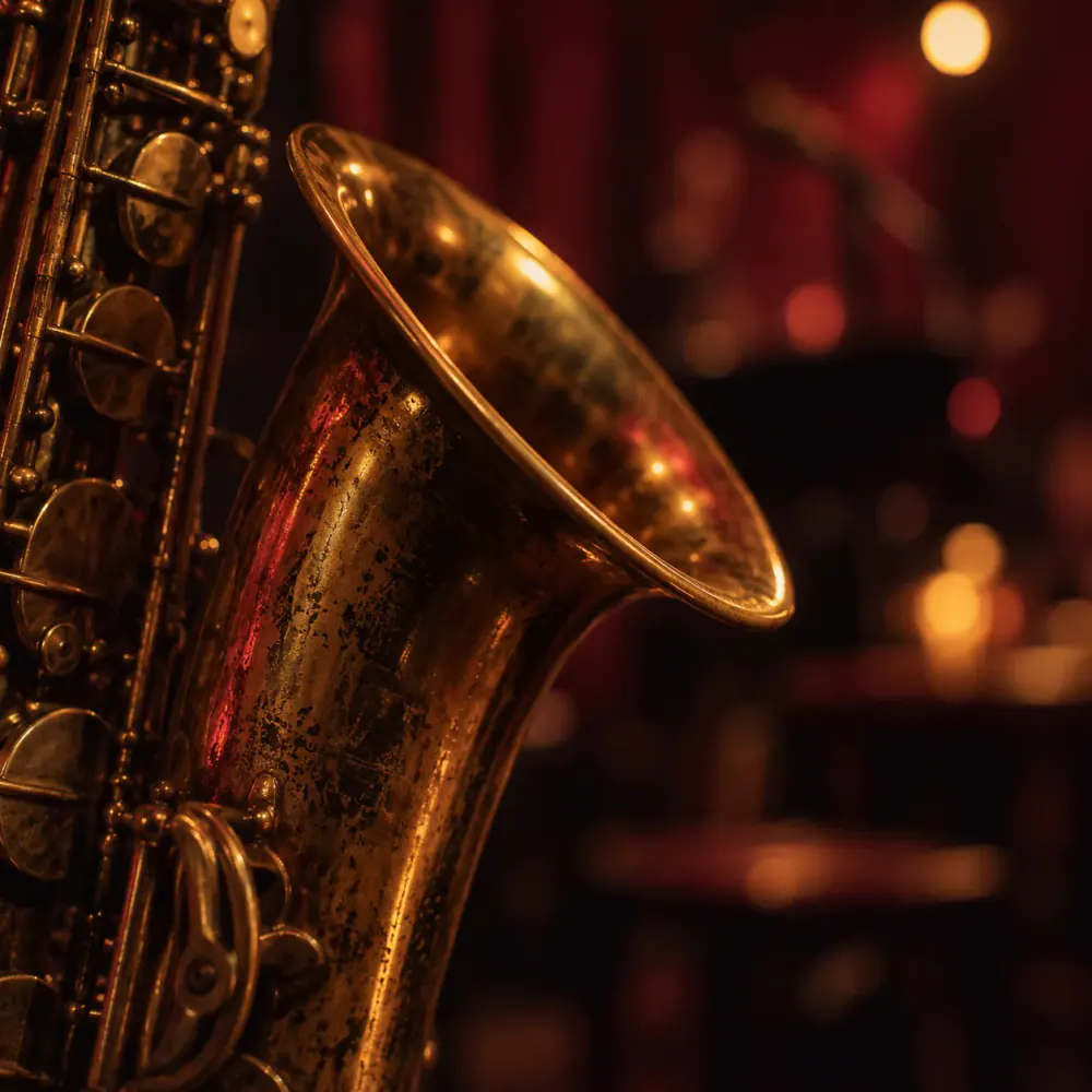 Close-up of a saxophone in warm club light
