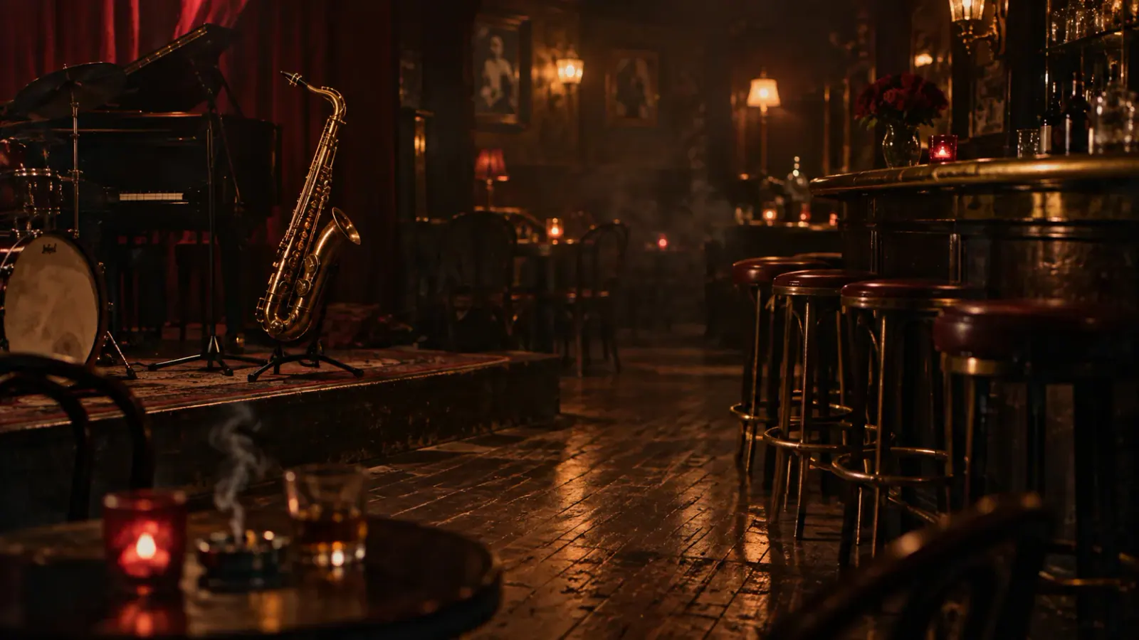 Warm jazz club interior with a saxophone beside the stage